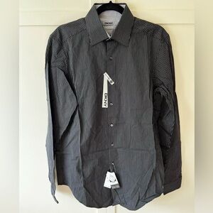 DKNY Men's NWT Button Down Slim Fit Stretch Black Gray Dress Shirt Size 15 34/35